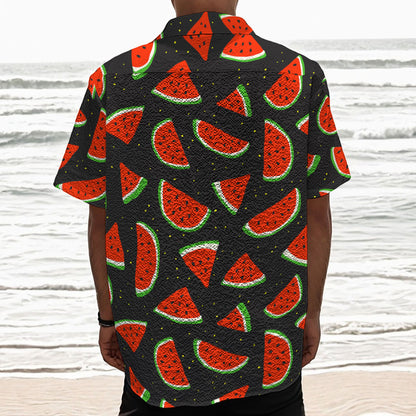 Black Cute Watermelon Pattern Print Textured Short Sleeve Shirt