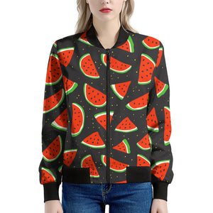 Black Cute Watermelon Pattern Print Women's Bomber Jacket
