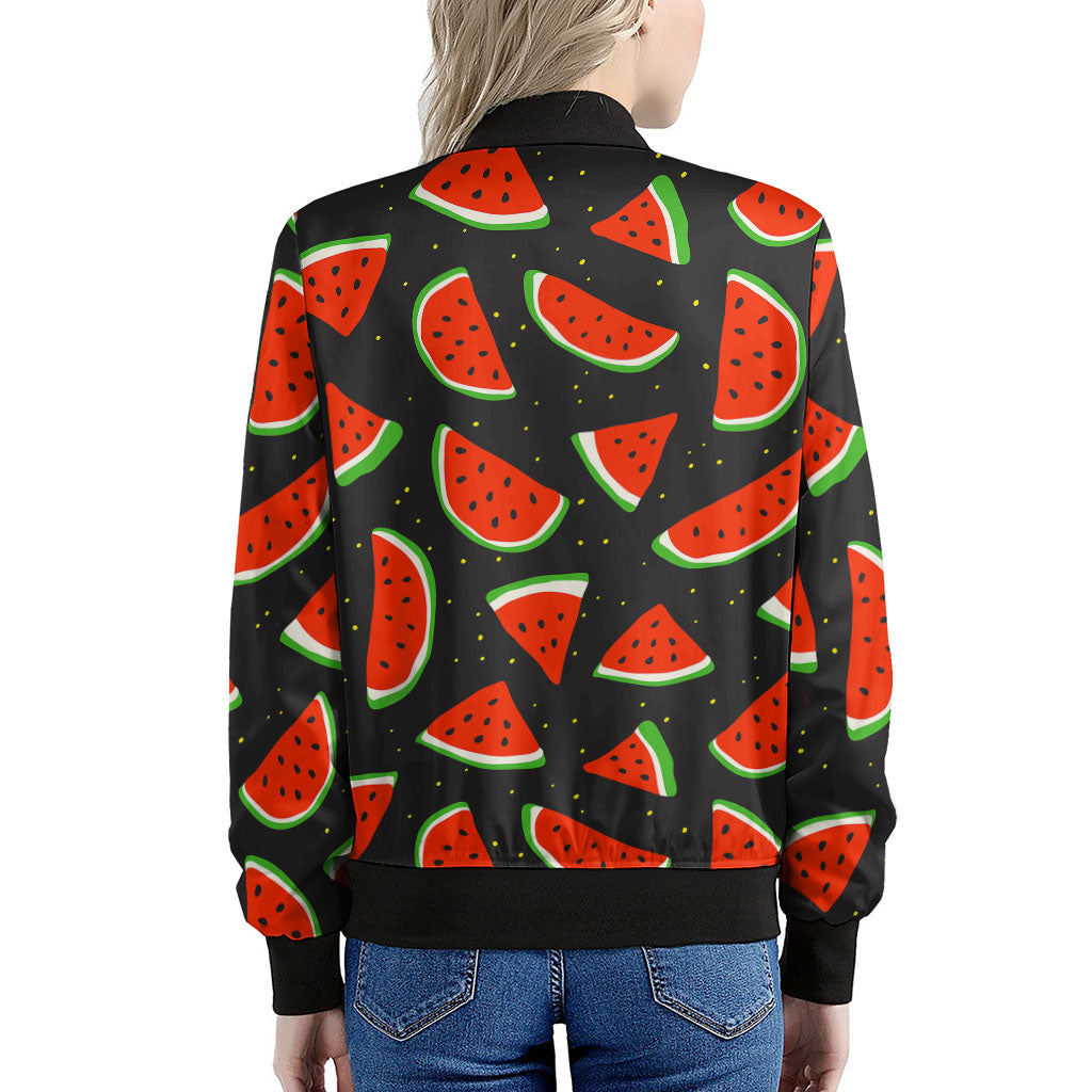 Black Cute Watermelon Pattern Print Women's Bomber Jacket