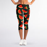 Black Cute Watermelon Pattern Print Women's Capri Leggings