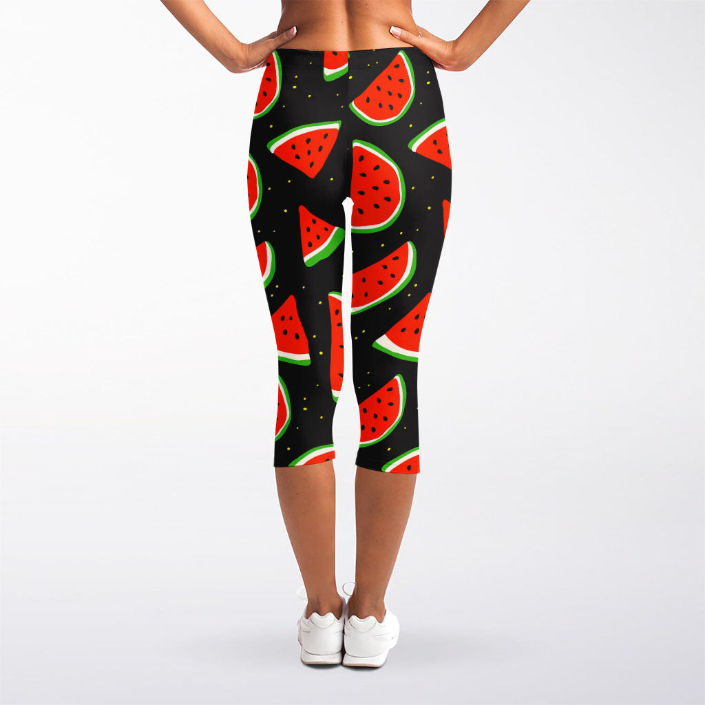 Black Cute Watermelon Pattern Print Women's Capri Leggings