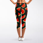 Black Cute Watermelon Pattern Print Women's Capri Leggings