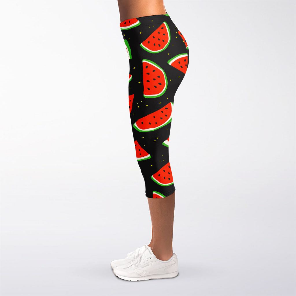 Black Cute Watermelon Pattern Print Women's Capri Leggings