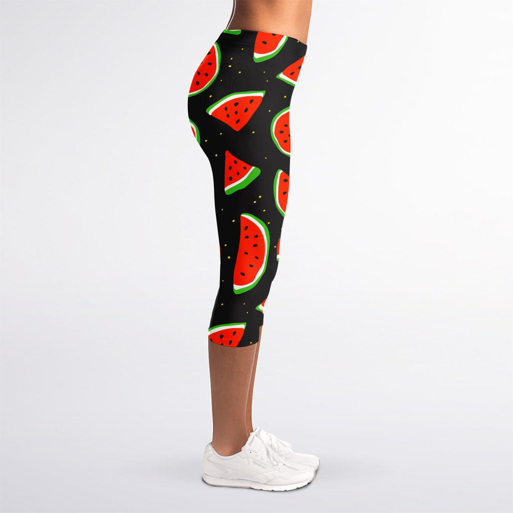 Black Cute Watermelon Pattern Print Women's Capri Leggings