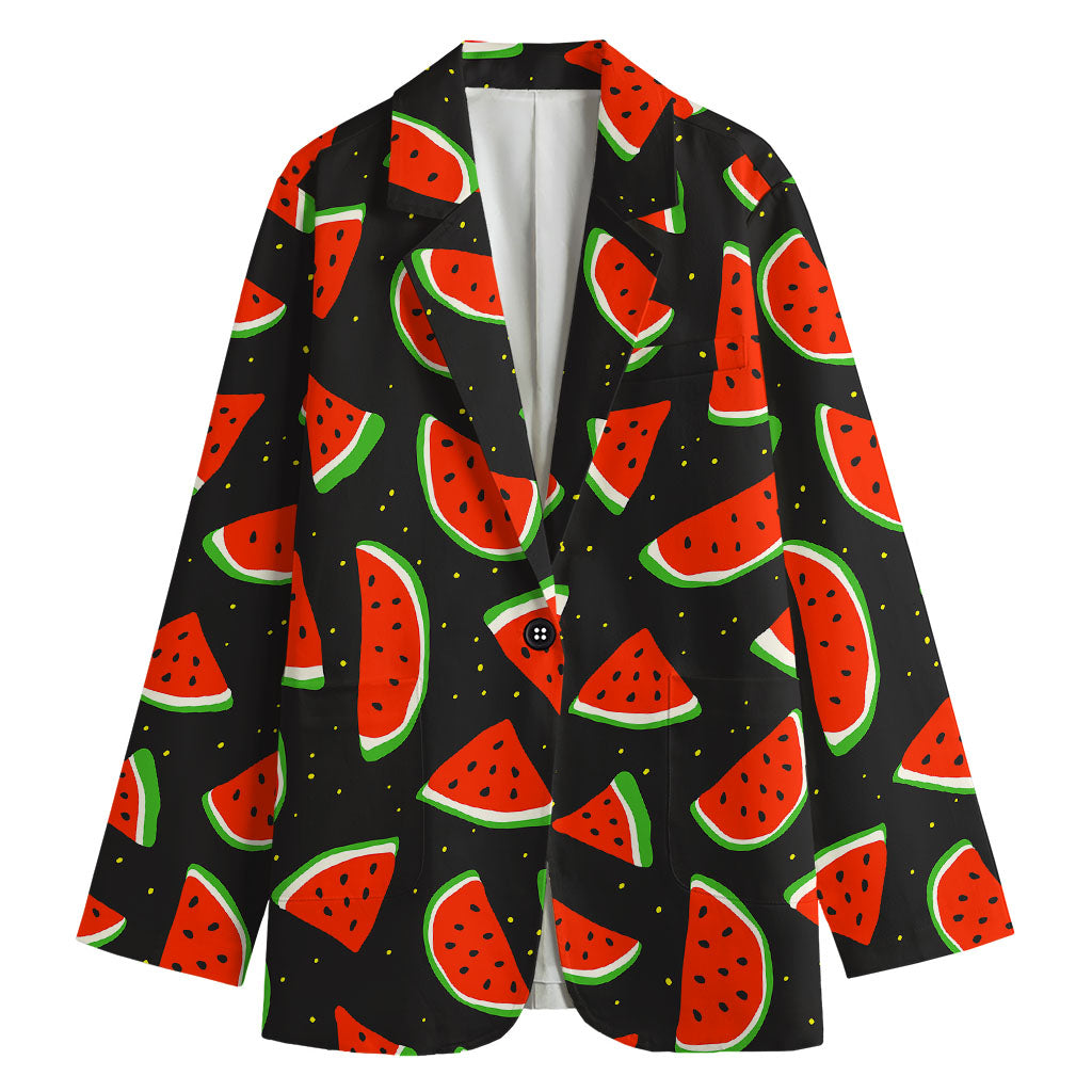 Black Cute Watermelon Pattern Print Women's Cotton Blazer
