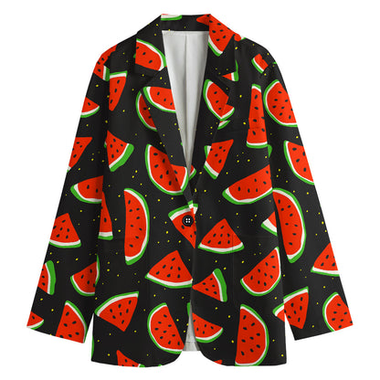 Black Cute Watermelon Pattern Print Women's Cotton Blazer