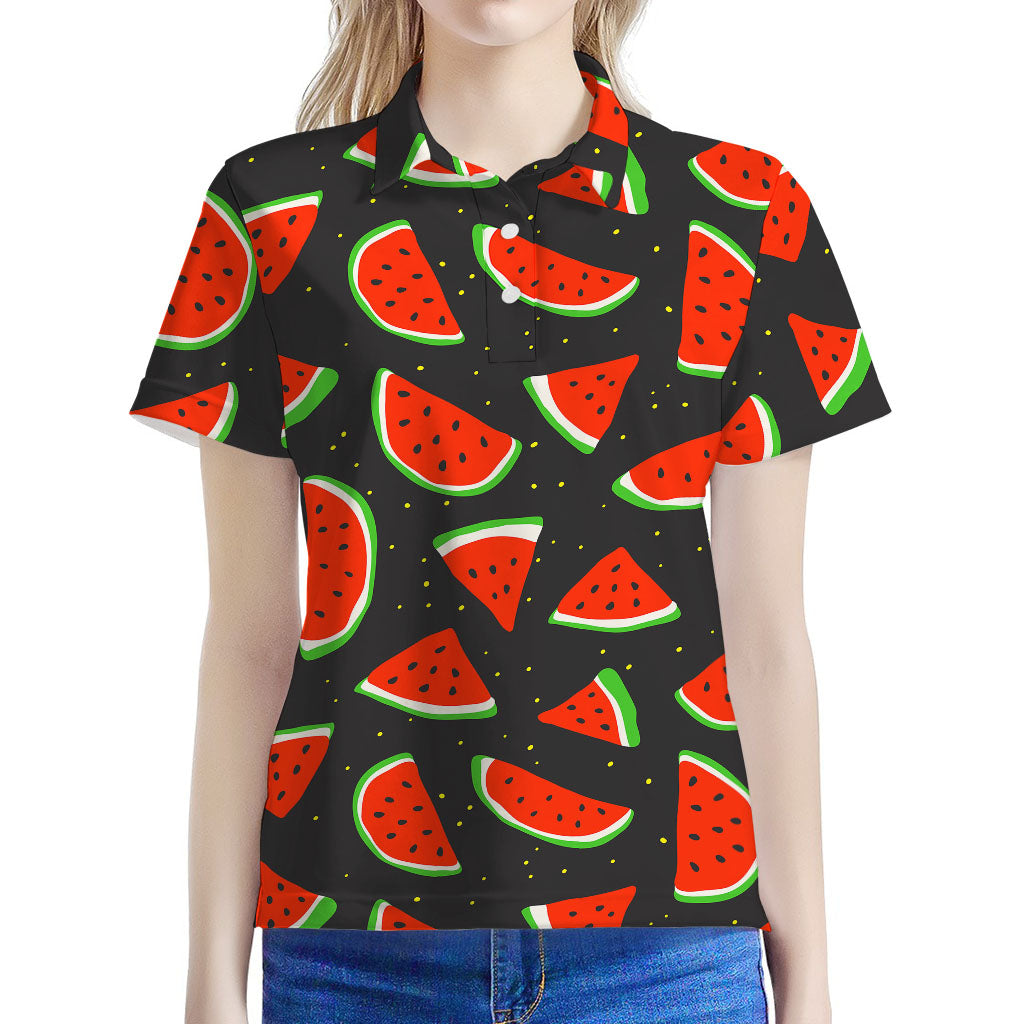 Black Cute Watermelon Pattern Print Women's Polo Shirt