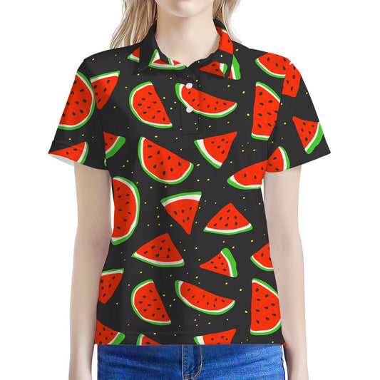 Black Cute Watermelon Pattern Print Women's Polo Shirt