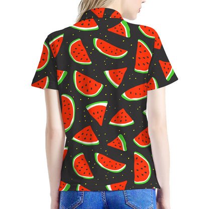 Black Cute Watermelon Pattern Print Women's Polo Shirt