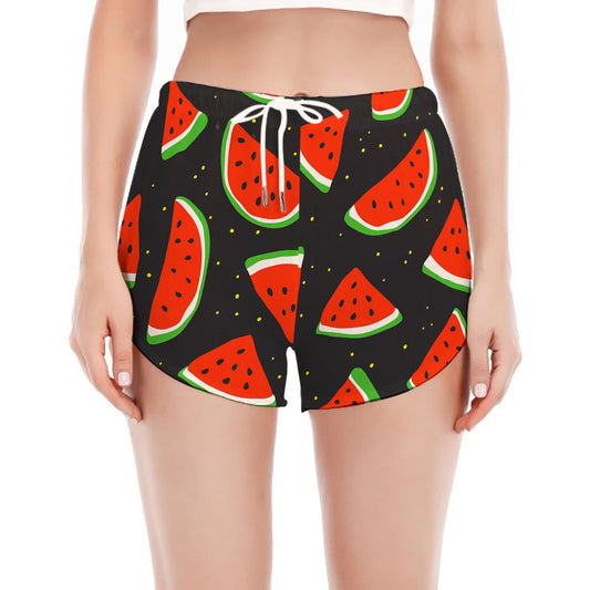 Black Cute Watermelon Pattern Print Women's Split Running Shorts