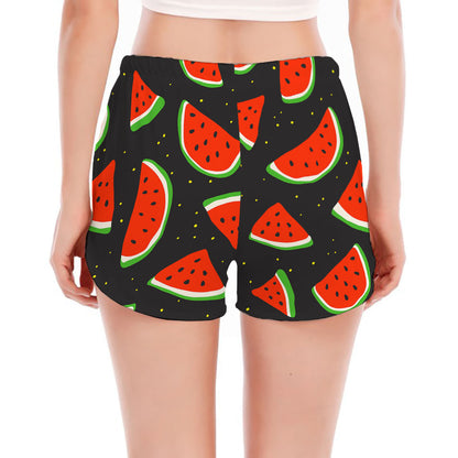 Black Cute Watermelon Pattern Print Women's Split Running Shorts