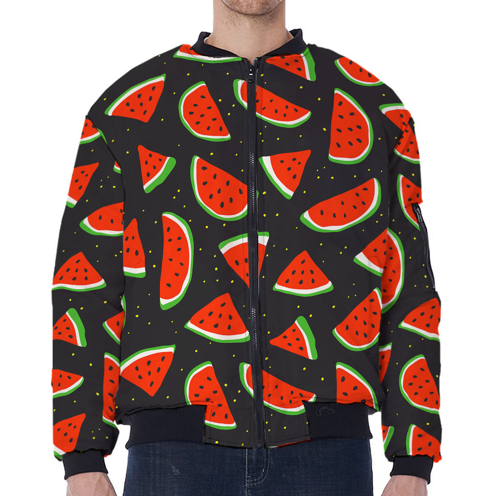 Black Cute Watermelon Pattern Print Zip Sleeve Bomber Jacket