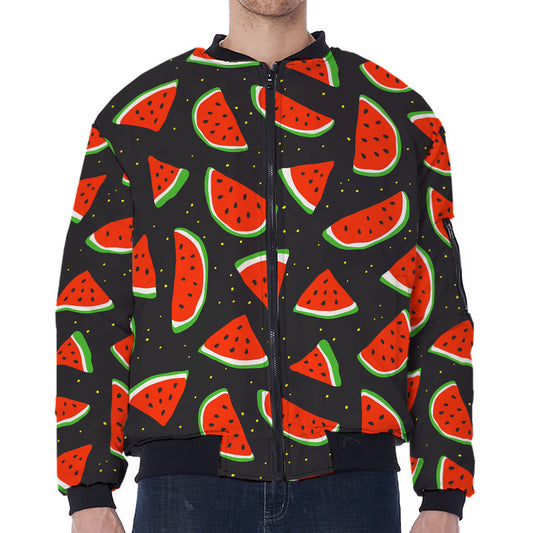 Black Cute Watermelon Pattern Print Zip Sleeve Bomber Jacket