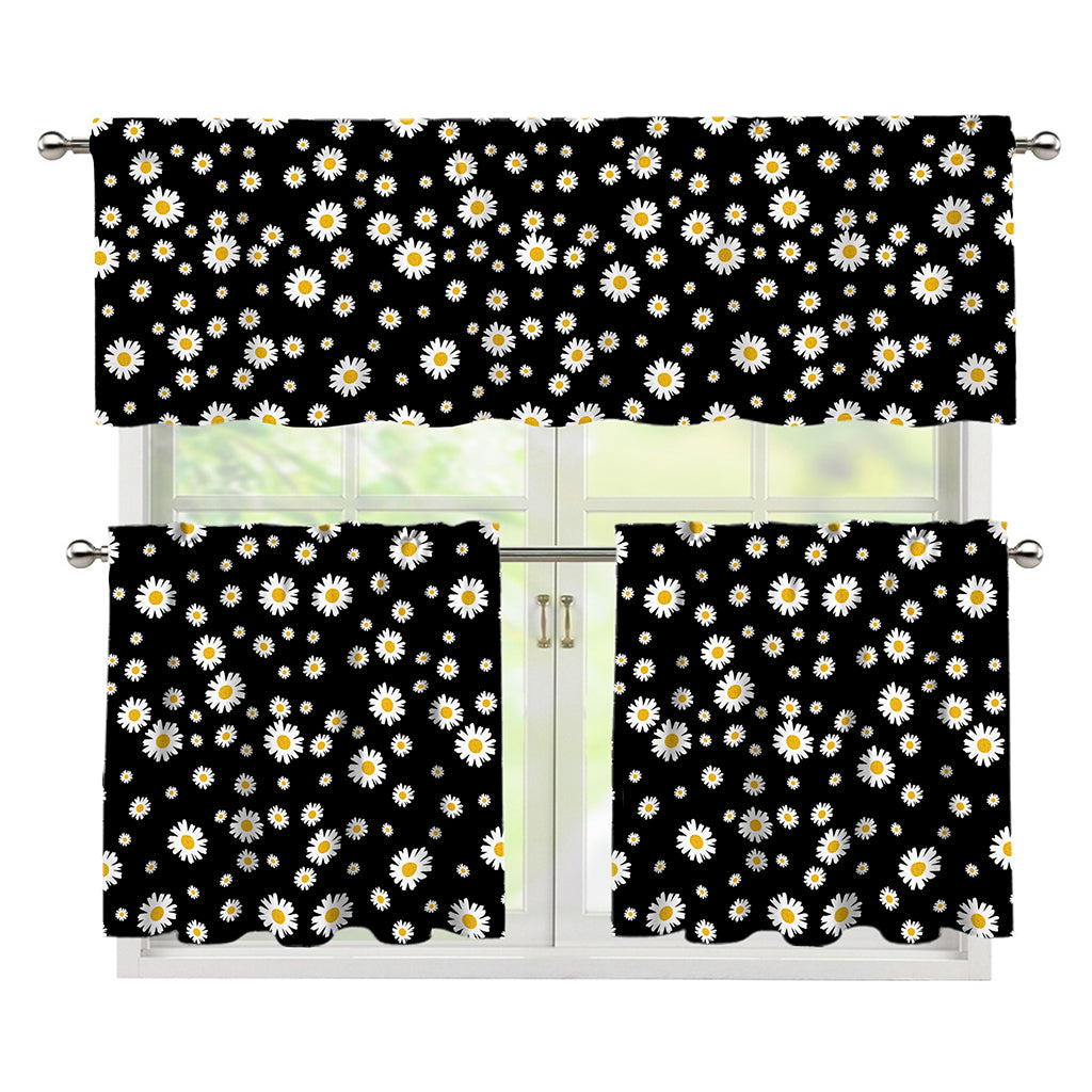Black Daisy Floral Pattern Print 3 Piece Kitchen Curtains