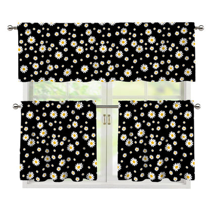Black Daisy Floral Pattern Print 3 Piece Kitchen Curtains