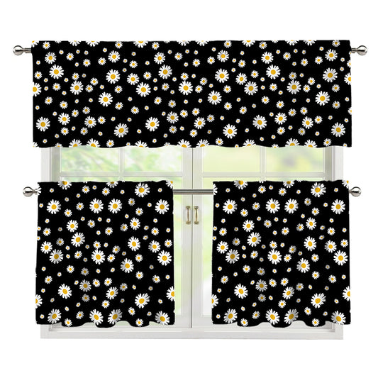 Black Daisy Floral Pattern Print 3 Piece Kitchen Curtains