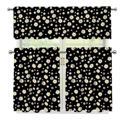 Black Daisy Floral Pattern Print 3 Piece Kitchen Curtains
