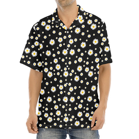 Black Daisy Floral Pattern Print Aloha Shirt