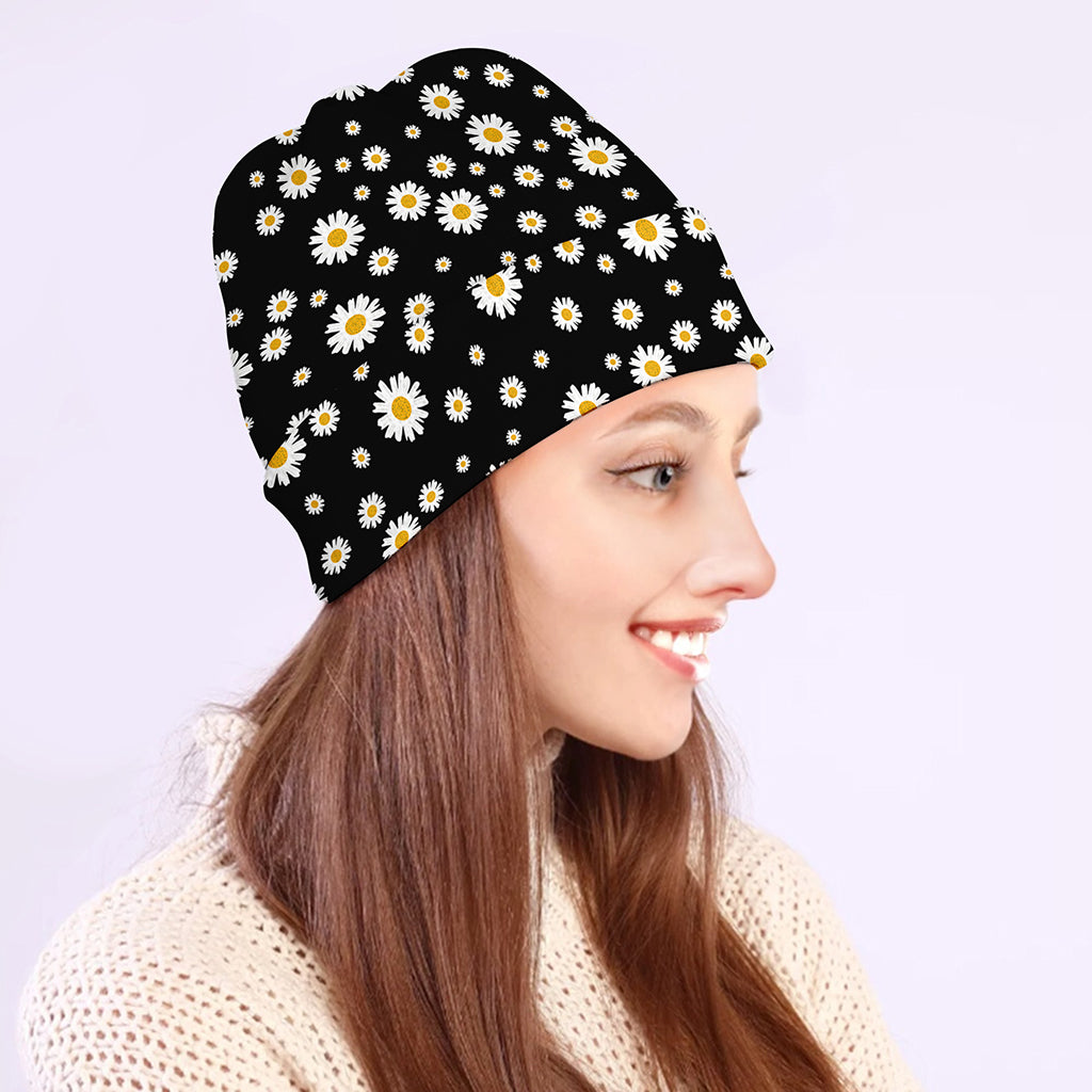 Black Daisy Floral Pattern Print Beanie