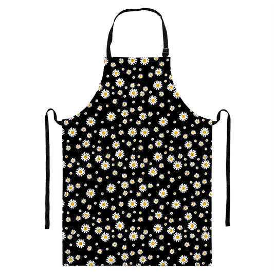Black Daisy Floral Pattern Print Bib Apron With Pocket