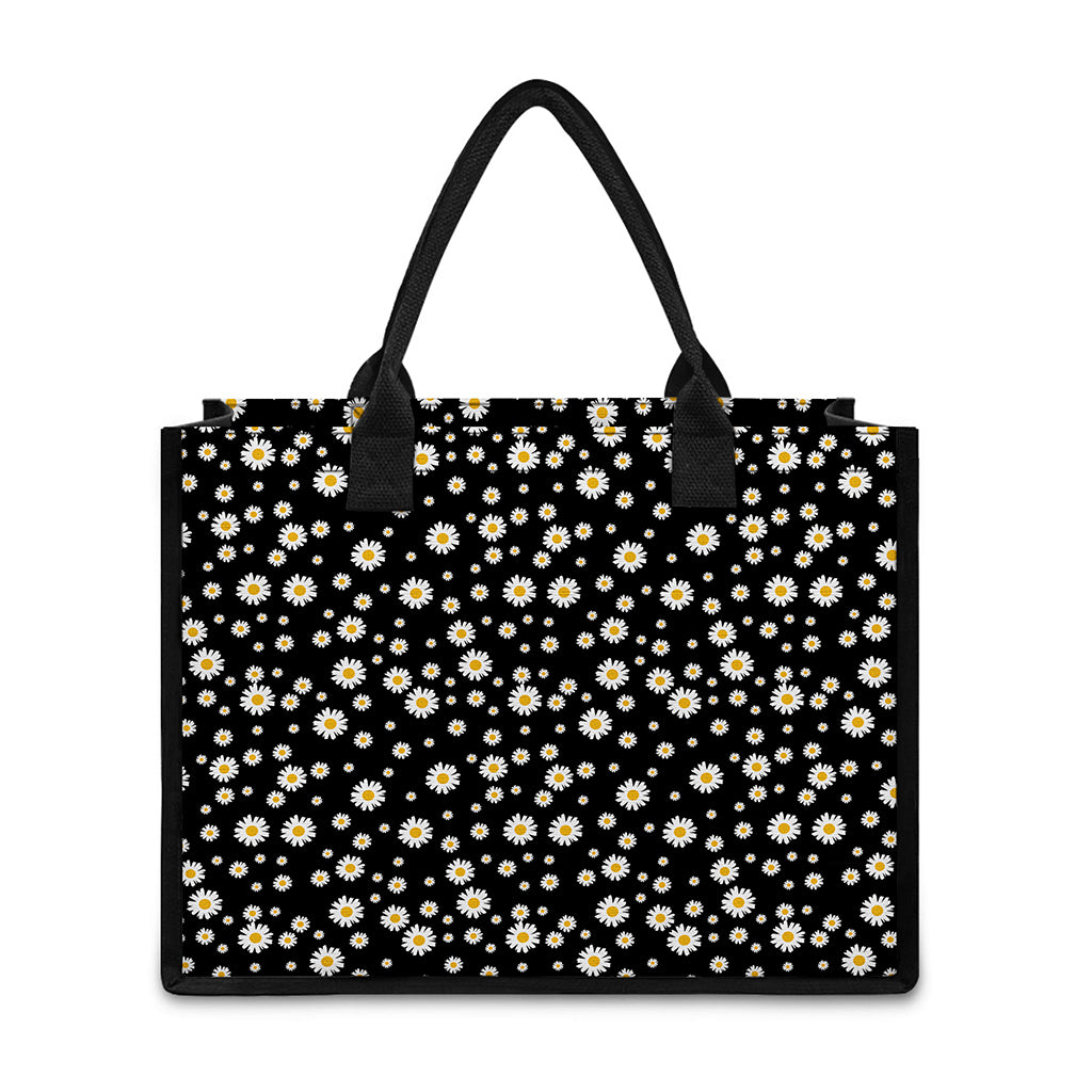 Black Daisy Floral Pattern Print Canvas Tote Bag