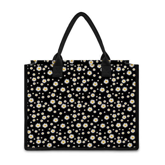 Black Daisy Floral Pattern Print Canvas Tote Bag