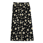 Black Daisy Floral Pattern Print Cotton Front Slit Maxi Skirt