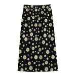 Black Daisy Floral Pattern Print Cotton Front Slit Maxi Skirt