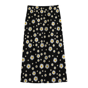 Black Daisy Floral Pattern Print Cotton Front Slit Maxi Skirt