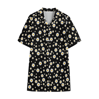 Black Daisy Floral Pattern Print Cotton Hawaiian Shirt