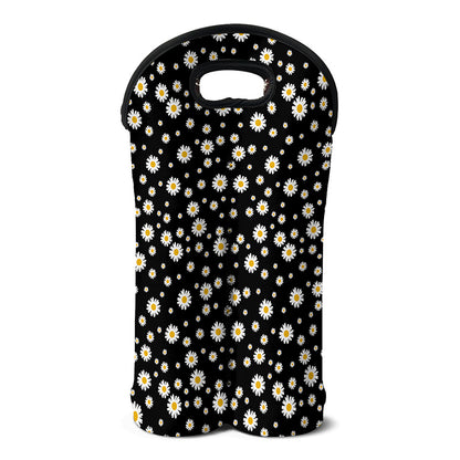 Black Daisy Floral Pattern Print Double Neoprene Wine Tote