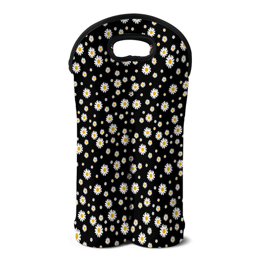 Black Daisy Floral Pattern Print Double Neoprene Wine Tote