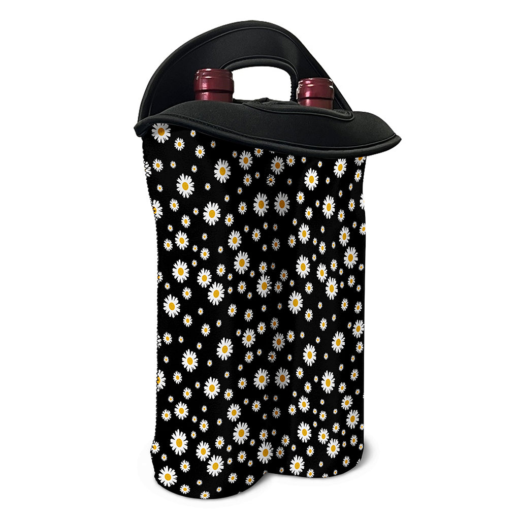 Black Daisy Floral Pattern Print Double Neoprene Wine Tote