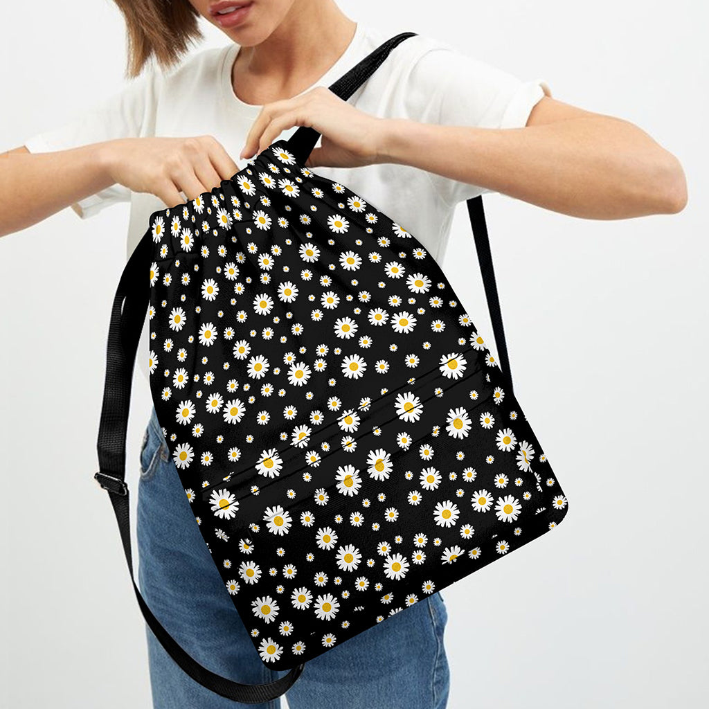 Black Daisy Floral Pattern Print Drawstring Backpack