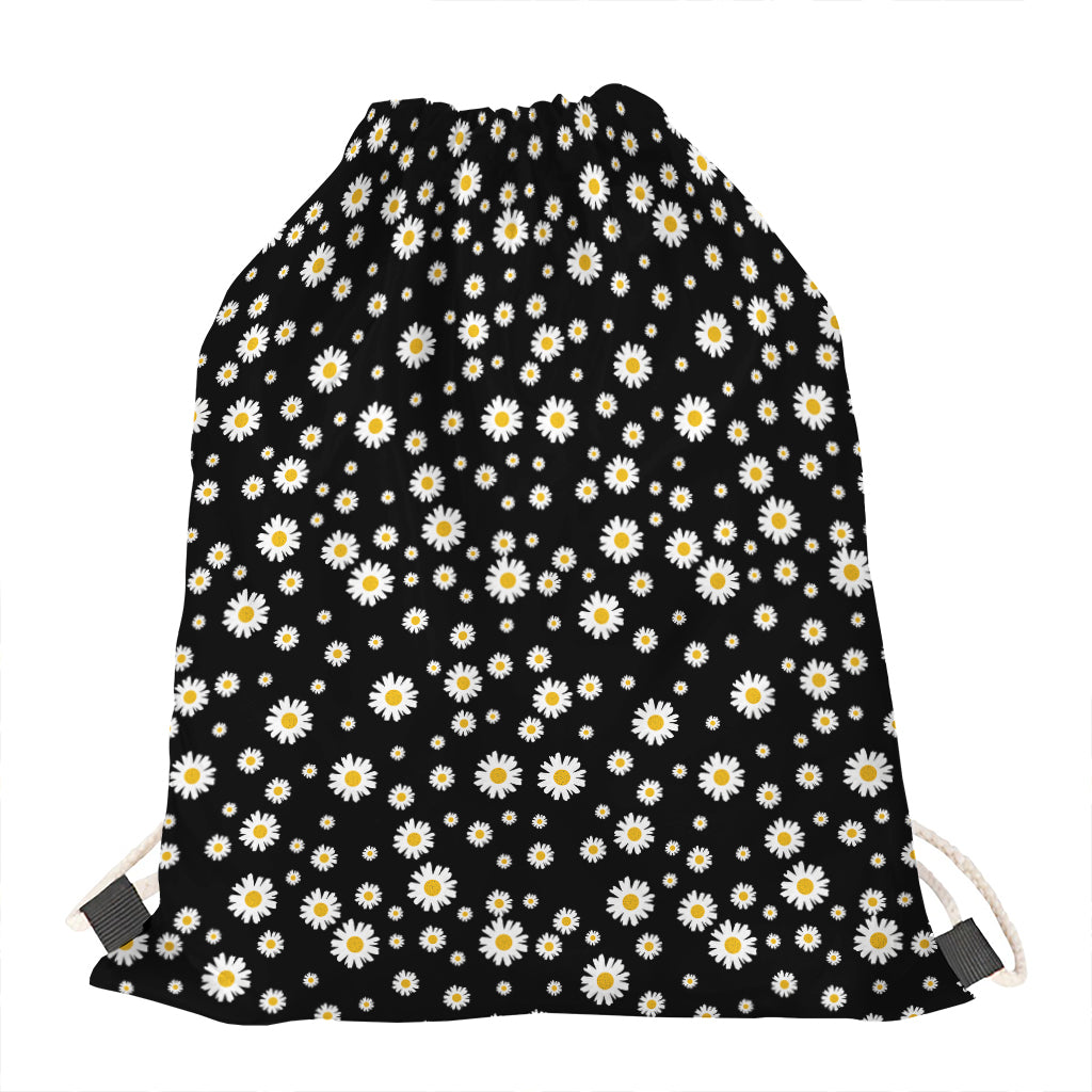 Black Daisy Floral Pattern Print Drawstring Bag