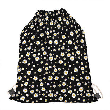 Black Daisy Floral Pattern Print Drawstring Bag