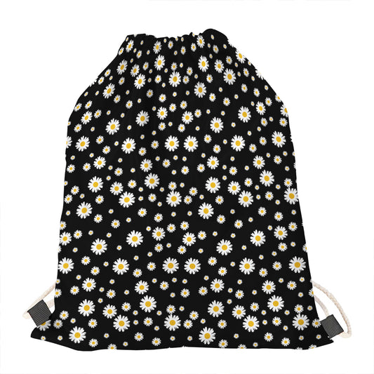 Black Daisy Floral Pattern Print Drawstring Bag