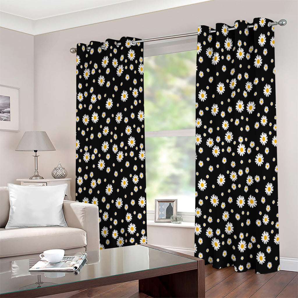 Black Daisy Floral Pattern Print Extra Wide Grommet Curtains