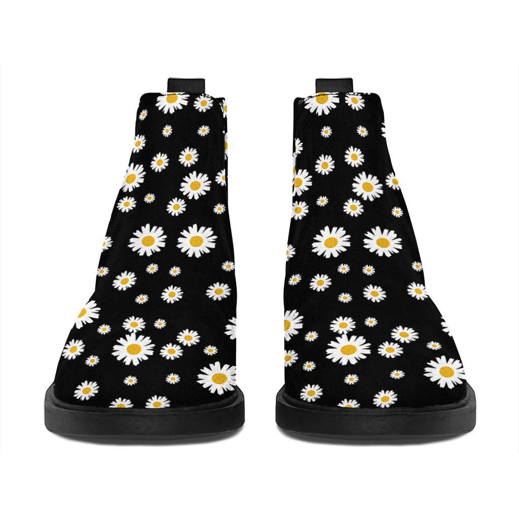 Black Daisy Floral Pattern Print Flat Ankle Boots