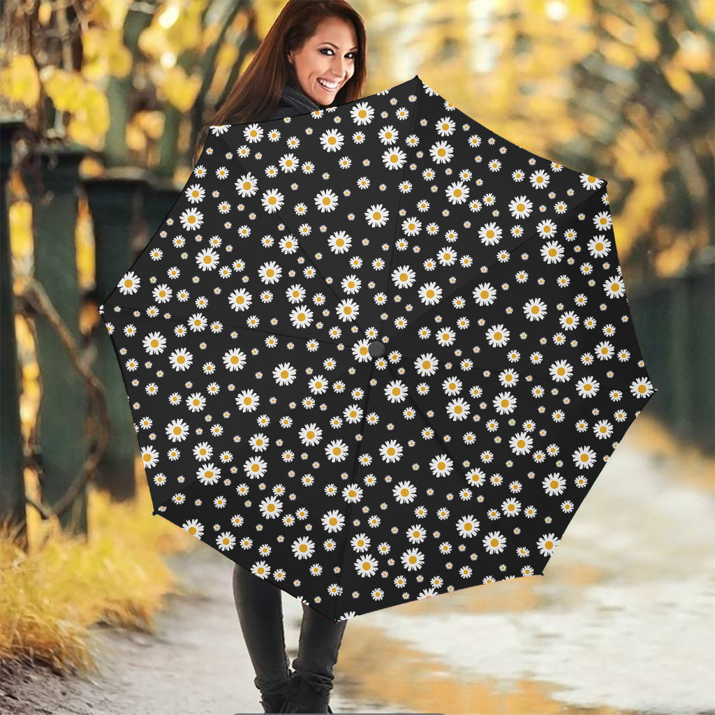 Black Daisy Floral Pattern Print Foldable Umbrella