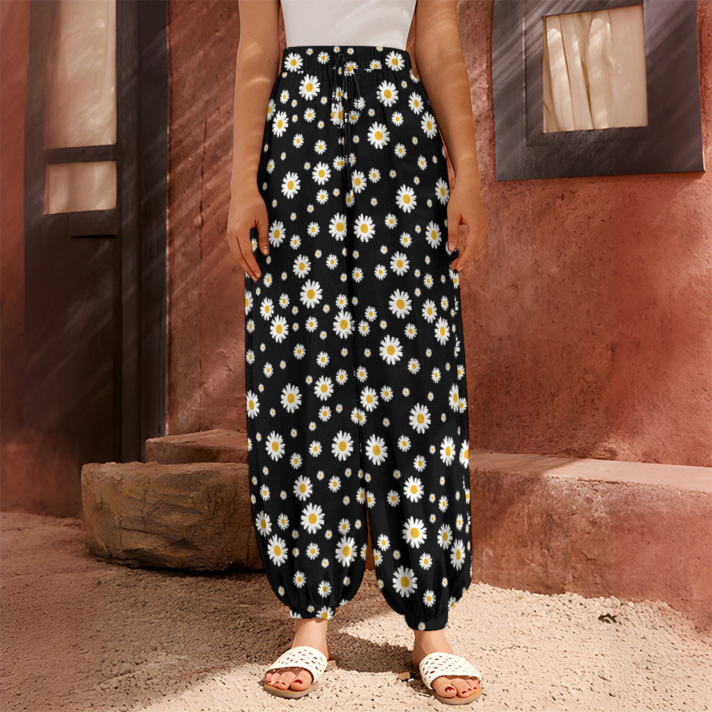 Black Daisy Floral Pattern Print Harem Pants