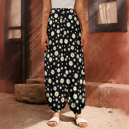 Black Daisy Floral Pattern Print Harem Pants