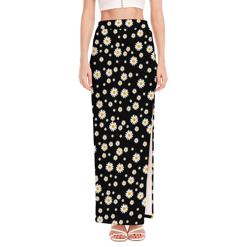 Black Daisy Floral Pattern Print High Slit Maxi Skirt