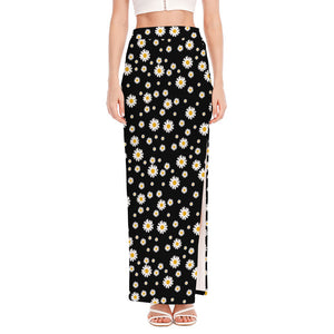 Black Daisy Floral Pattern Print High Slit Maxi Skirt