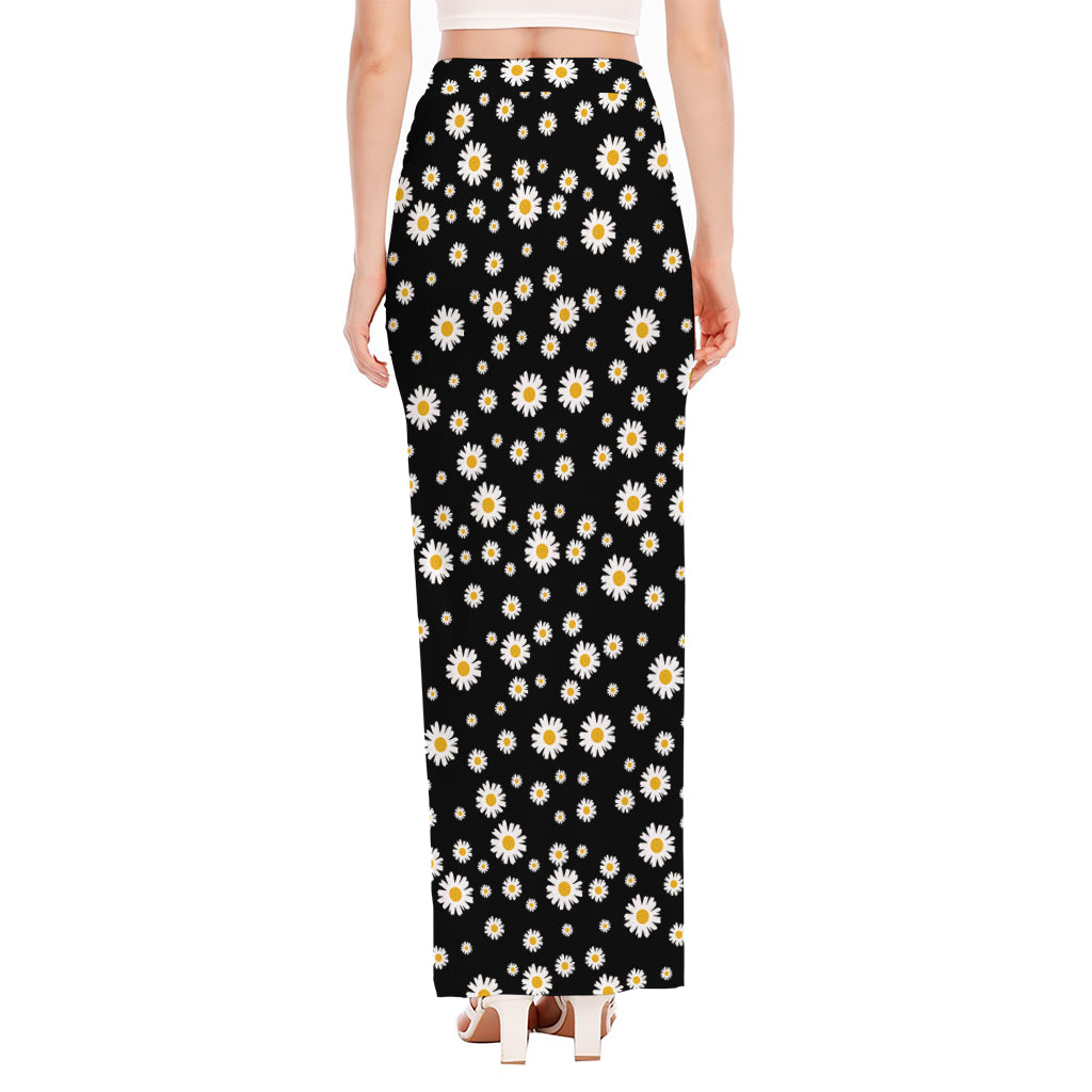 Black Daisy Floral Pattern Print High Slit Maxi Skirt