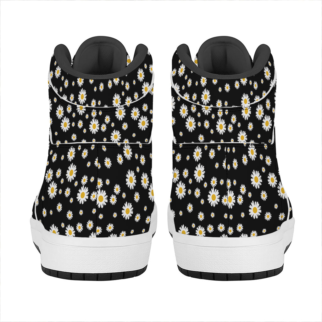 Black Daisy Floral Pattern Print High Top Leather Sneakers