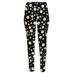 Black Daisy Floral Pattern Print High-Waisted Pocket Leggings