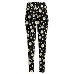 Black Daisy Floral Pattern Print High-Waisted Pocket Leggings