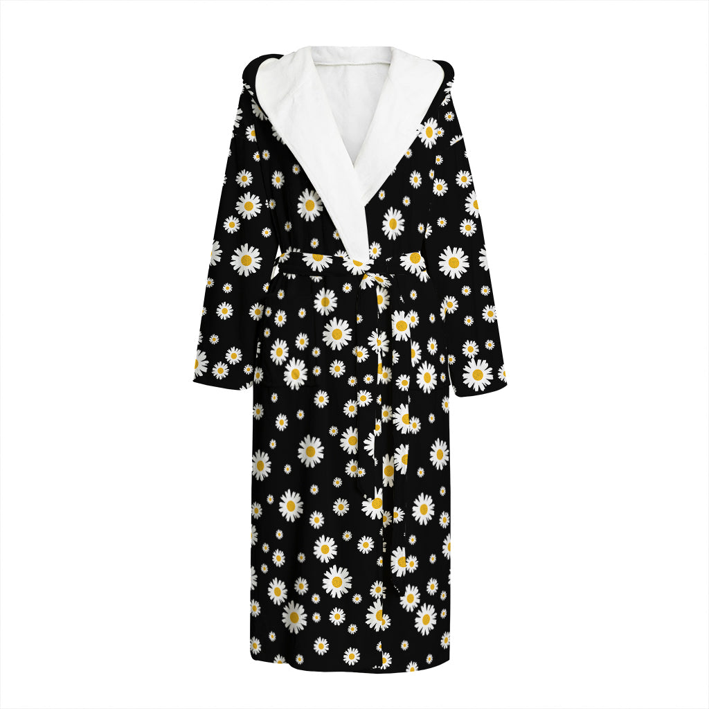 Black Daisy Floral Pattern Print Hooded Bathrobe