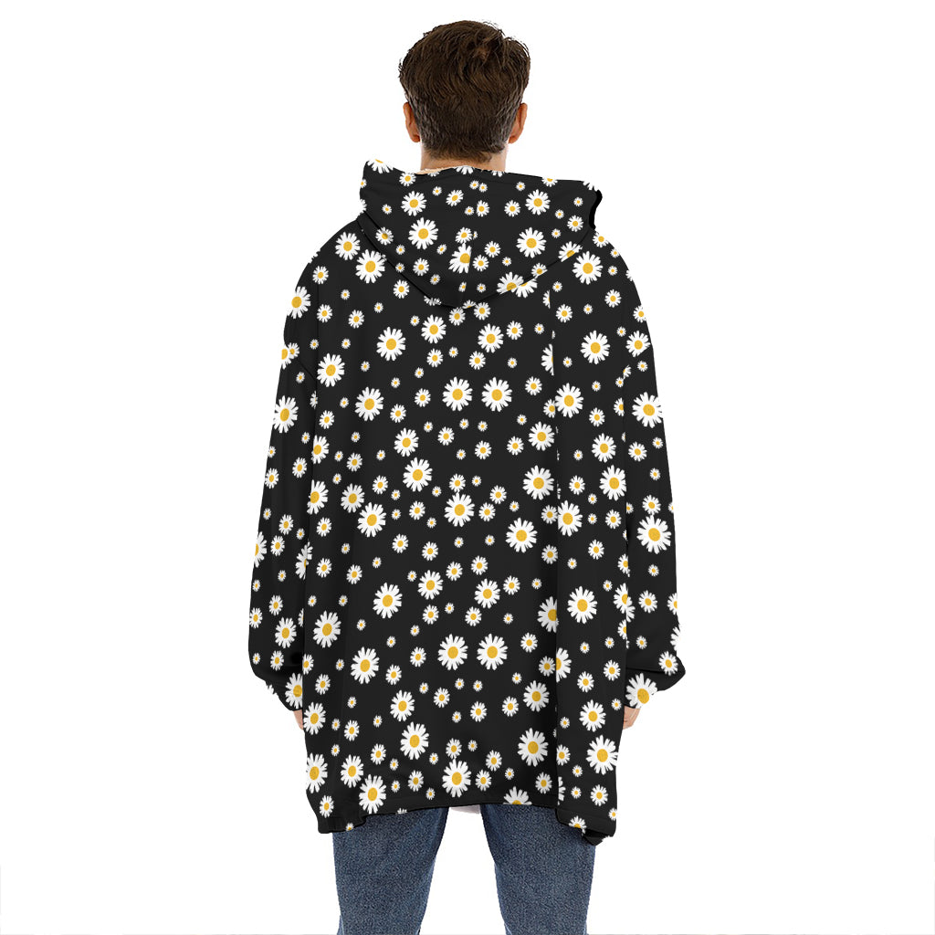 Black Daisy Floral Pattern Print Hoodie Blanket